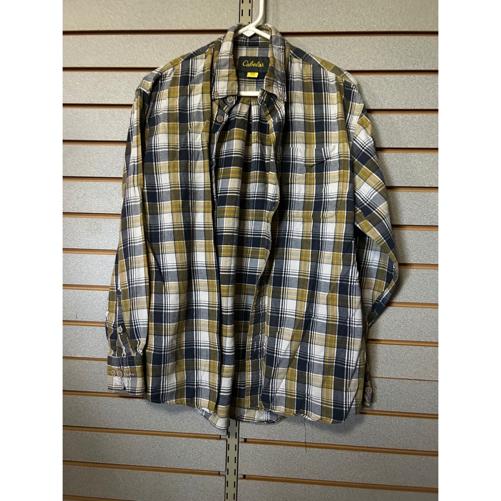 Cabelas Mens Long Sleeve Plaid Button Down Shirt Yellow Navy Blue White Large
